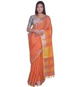 Handcrafted Orange Linen saree with Silver zari border