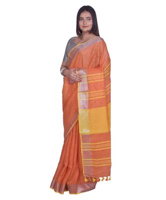 Handcrafted Orange Linen saree with Silver zari border 2
