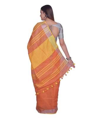 Handcrafted Orange Linen saree with Silver zari border 3