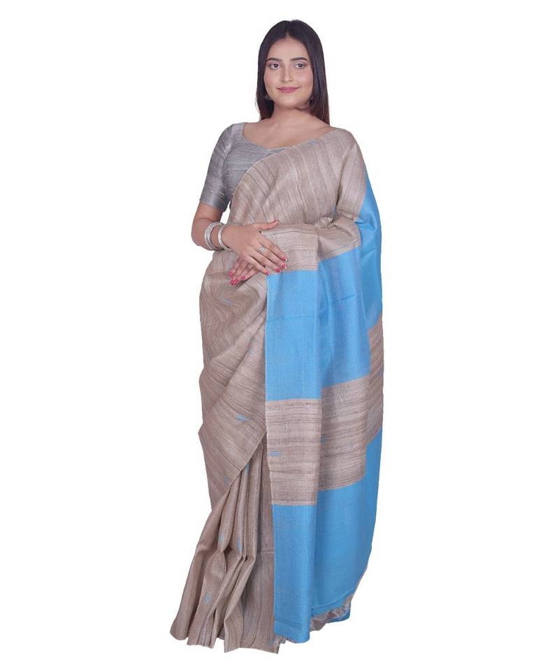 Handcrafted Tussar Ghicha Silk with Blue Shade in Pallu