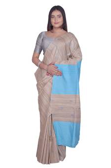 Handcrafted Tussar Ghicha Silk with Light Blue Shade in Pallu