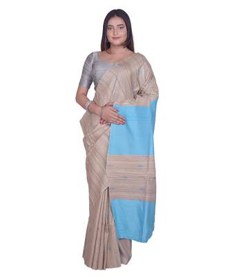 Handcrafted Tussar Ghicha Silk with Light Blue Shade in Pallu 1