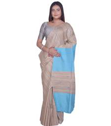 Handcrafted Tussar Ghicha Silk with Light Blue Shade in Pallu