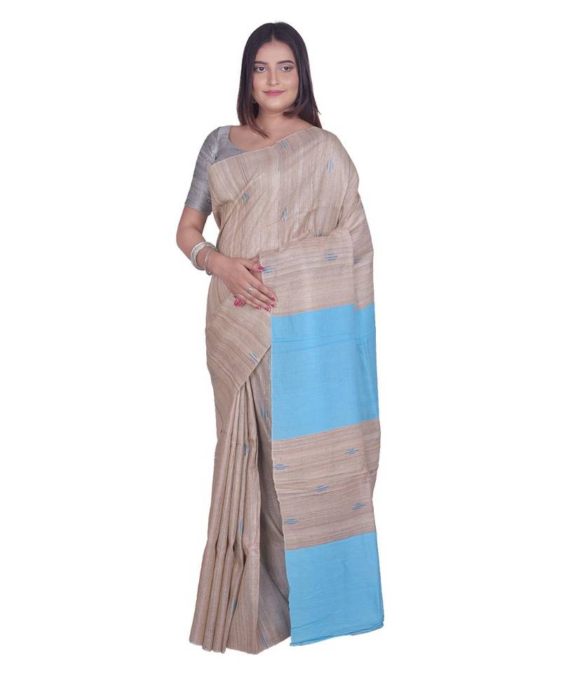 Handcrafted Tussar Ghicha Silk with Light Blue Shade in Pallu