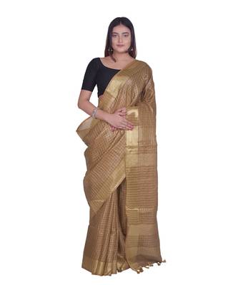 Handcrafted Brown Linen saree with zari small Checkered pattern 1