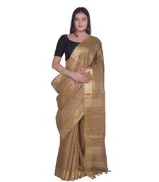Handcrafted Brown Linen saree with zari small Checkered pattern