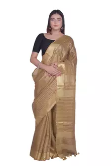 Handcrafted Brown Linen saree with zari small Checkered pattern