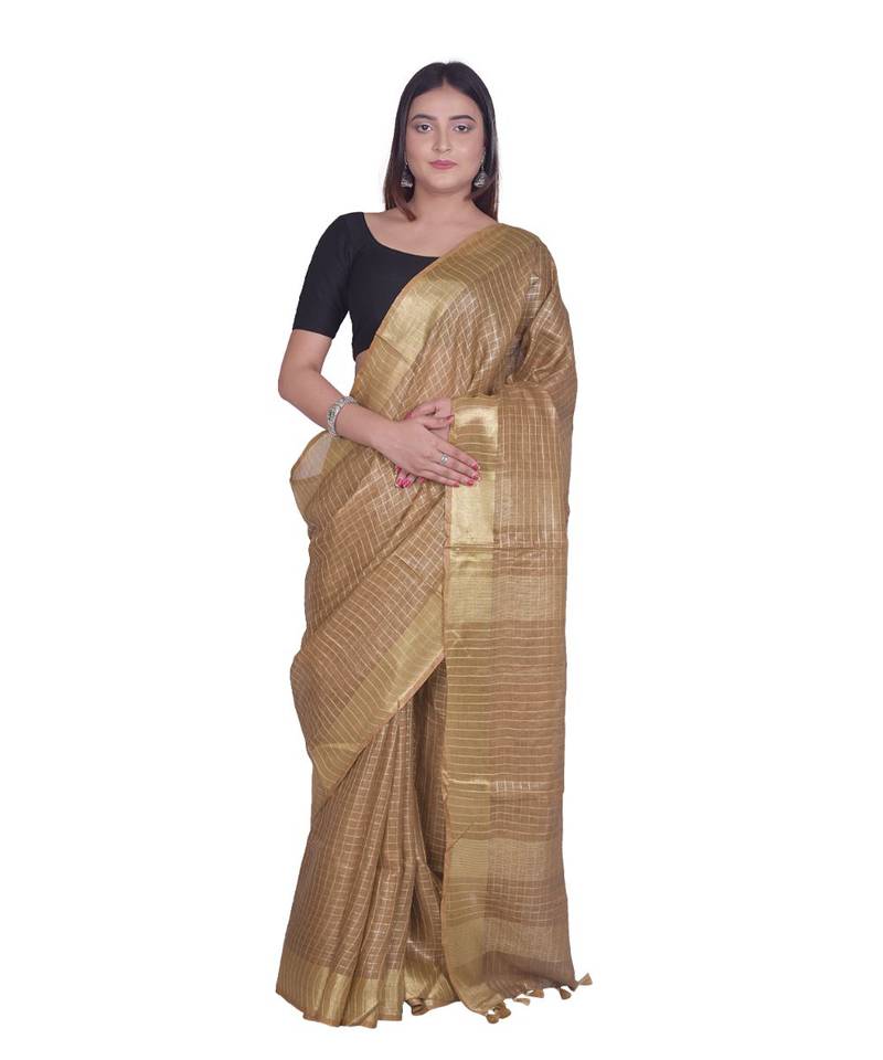 Handcrafted Brown Linen saree with zari small Checkered pattern