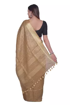 Handcrafted Brown Linen saree with zari small Checkered pattern