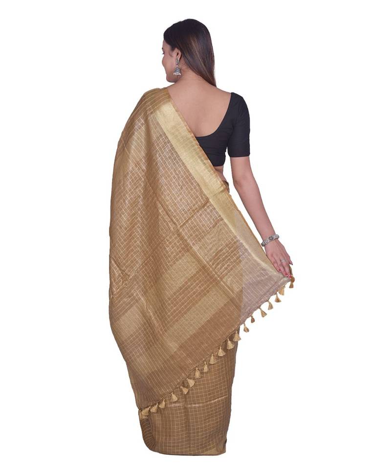 Handcrafted Brown Linen saree with zari small Checkered pattern