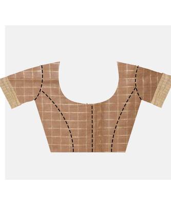 Handcrafted Brown Linen saree with zari small Checkered pattern 4