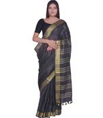 Handcrafted  Black Linen saree with golden zari border