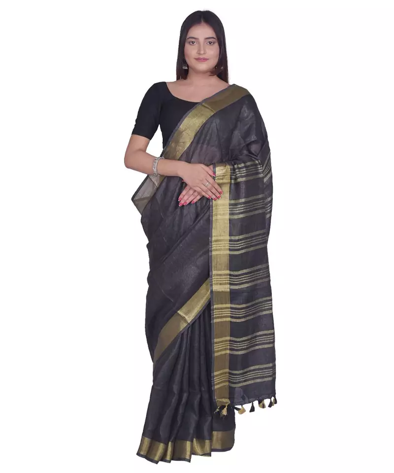 Handcrafted  Black Linen saree with golden zari border