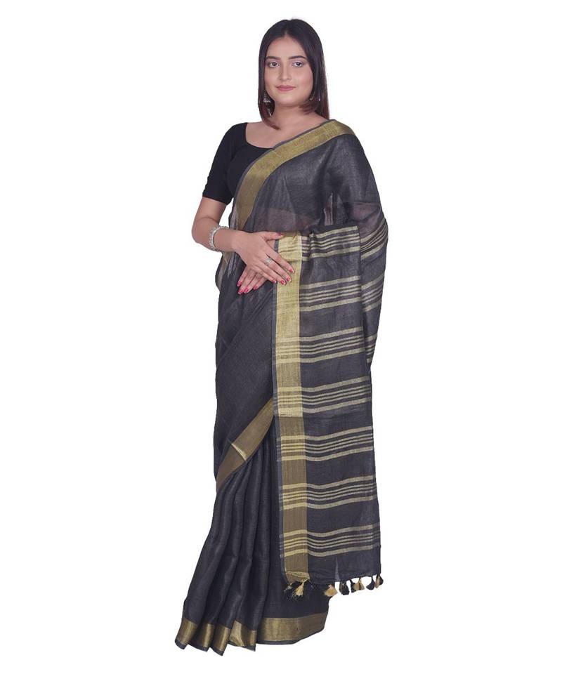Handcrafted  Black Linen saree with golden zari border