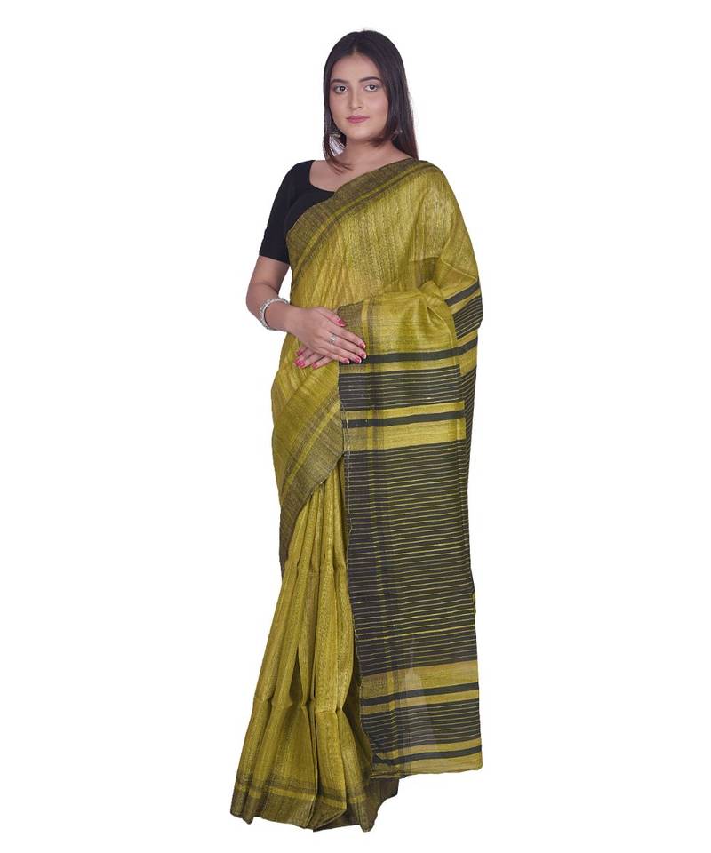 Handcrafted Yellow  Shade Tussar Ghicha Silk Saree