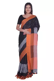 Handcrafted  Black Linen saree with contrast orange & Grey border