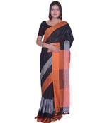 Handcrafted  Black Linen saree with contrast orange & Grey border
