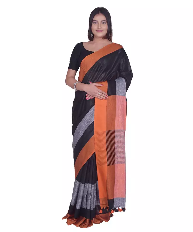 Handcrafted  Black Linen saree with contrast orange & Grey border