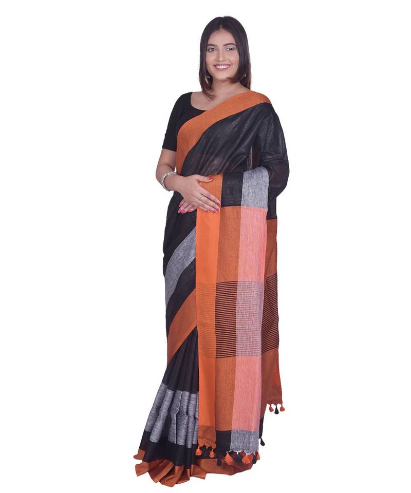 Handcrafted  Black Linen saree with contrast orange & Grey border