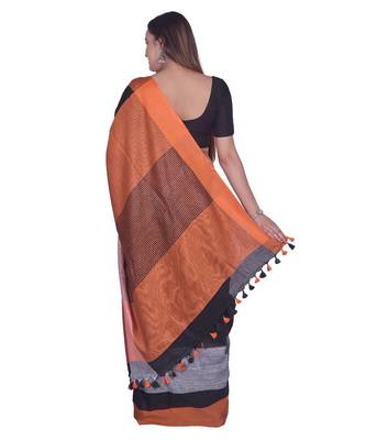 Handcrafted  Black Linen saree with contrast orange & Grey border 3