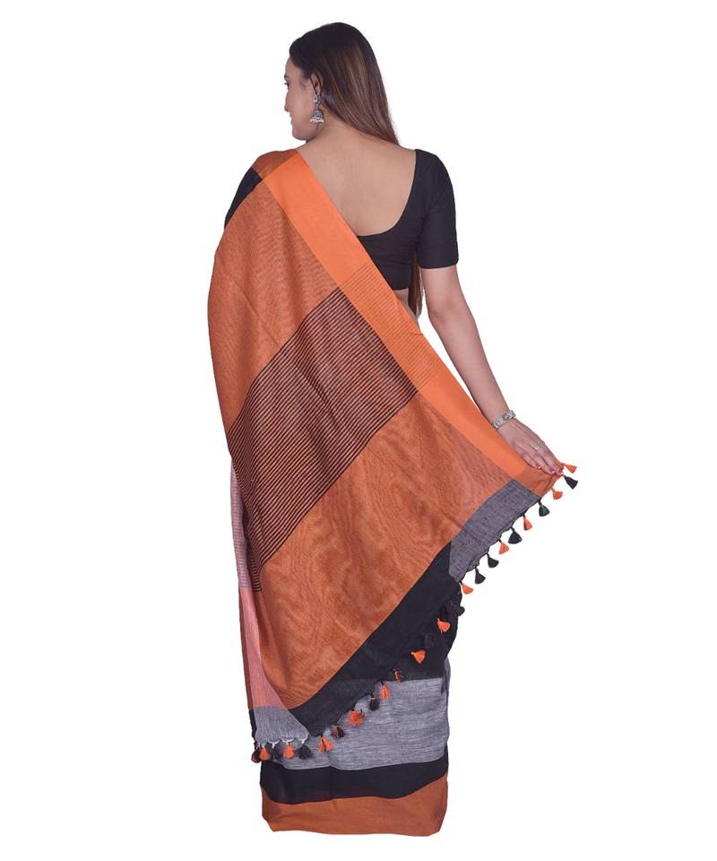 Handcrafted  Black Linen saree with contrast orange & Grey border