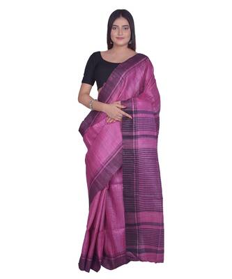 Handcrafted Pink  Shade Tussar Ghicha Silk Saree 1