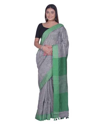 Handcrafted  Grey Linen saree with contrast Green  border 1