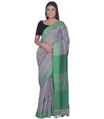 Handcrafted  Grey Linen saree with contrast Green  border