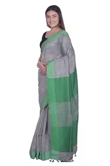 Handcrafted  Grey Linen saree with contrast Green  border