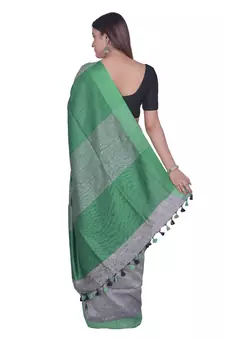 Handcrafted  Grey Linen saree with contrast Green  border