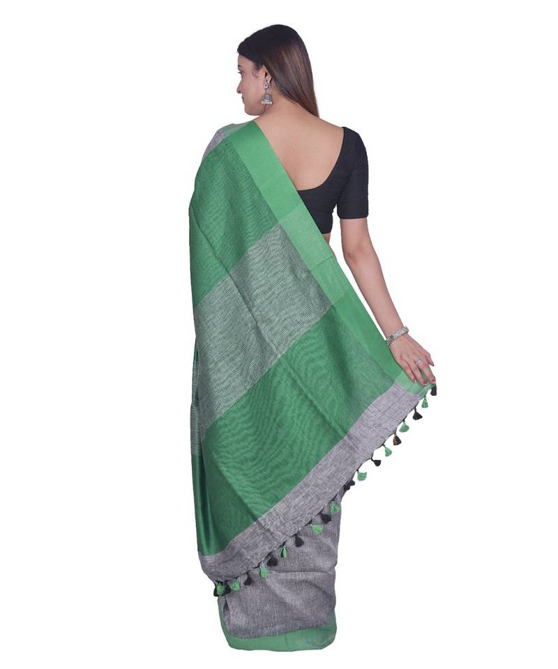Handcrafted  Grey Linen saree with contrast Green  border