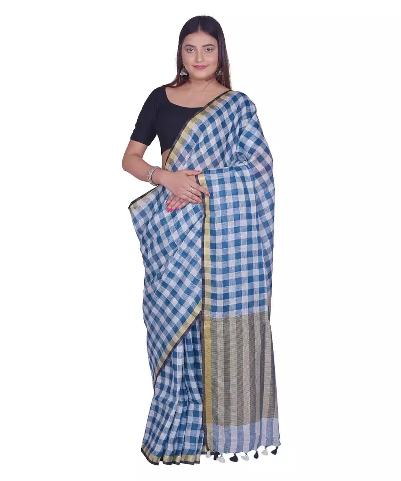 Handcrafted  Linen saree with block check pattern & golden zari border
