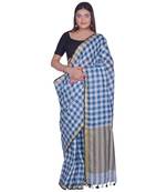 Handcrafted  Linen saree with block check pattern & golden zari border