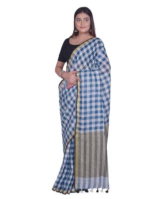 Handcrafted  Linen saree with block check pattern & golden zari border 2