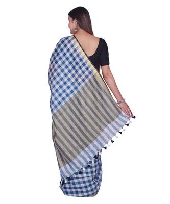 Handcrafted  Linen saree with block check pattern & golden zari border 3