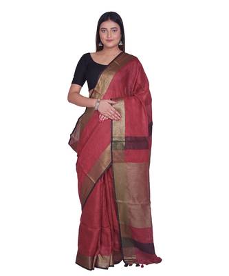 Handcrafted  Dark Maroon Shade Linen saree with golden zari border 1