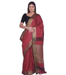 Handcrafted  Dark Maroon Shade Linen saree with golden zari border