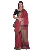 Handcrafted  Dark Maroon Shade Linen saree with golden zari border