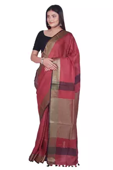 Handcrafted  Dark Maroon Shade Linen saree with golden zari border