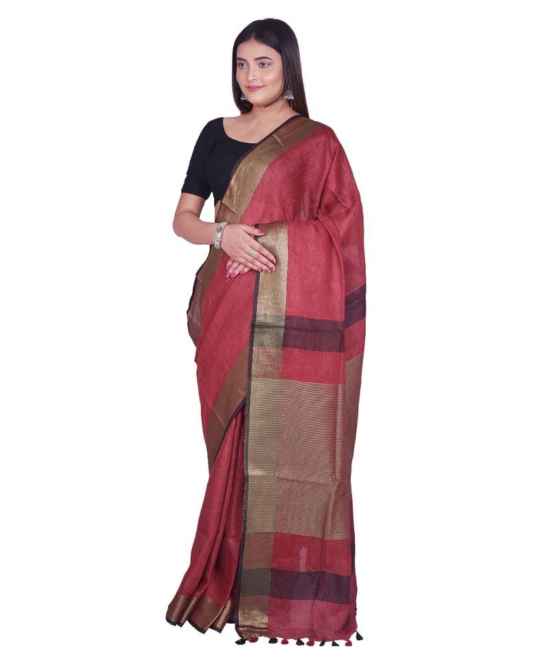 Handcrafted  Dark Maroon Shade Linen saree with golden zari border