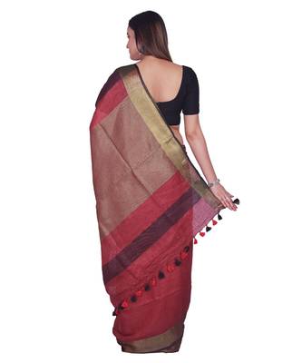 Handcrafted  Dark Maroon Shade Linen saree with golden zari border 3