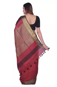 Handcrafted  Dark Maroon Shade Linen saree with golden zari border
