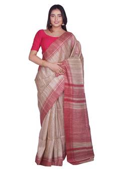 Handcrafted Tussar Ghicha Silk with Red Border