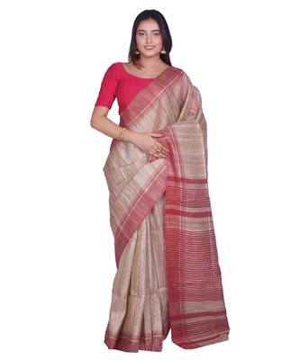 Handcrafted Tussar Ghicha Silk with Red Border 1