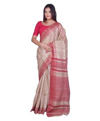 Handcrafted Tussar Ghicha Silk with Red Border 2