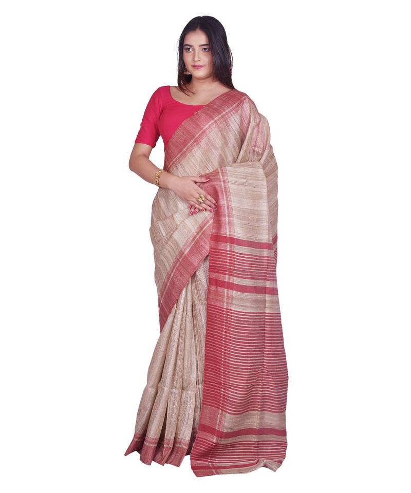 Handcrafted Tussar Ghicha Silk with Red Border