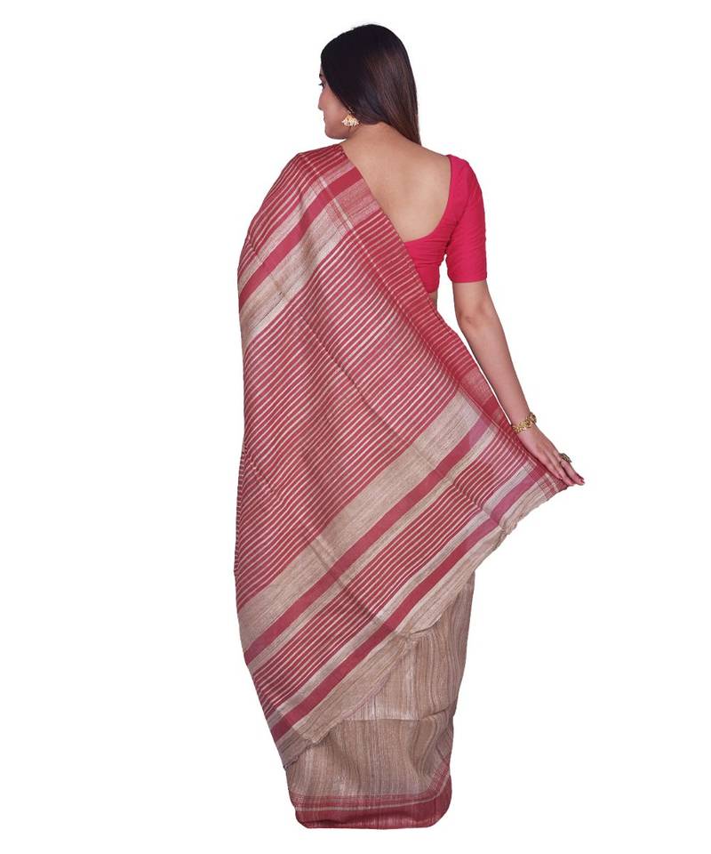 Handcrafted Tussar Ghicha Silk with Red Border