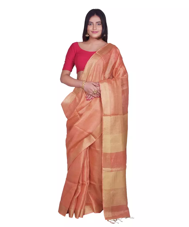 Handcrafted Salmon Orange shade Tissue Linen saree