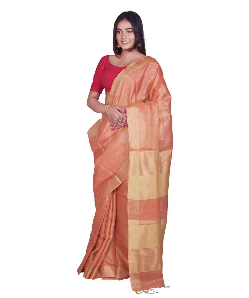 Handcrafted Salmon Orange shade Tissue Linen saree