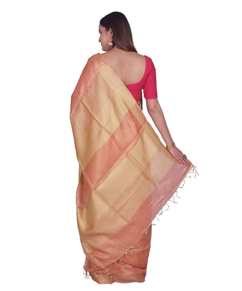 Handcrafted Salmon Orange shade Tissue Linen saree